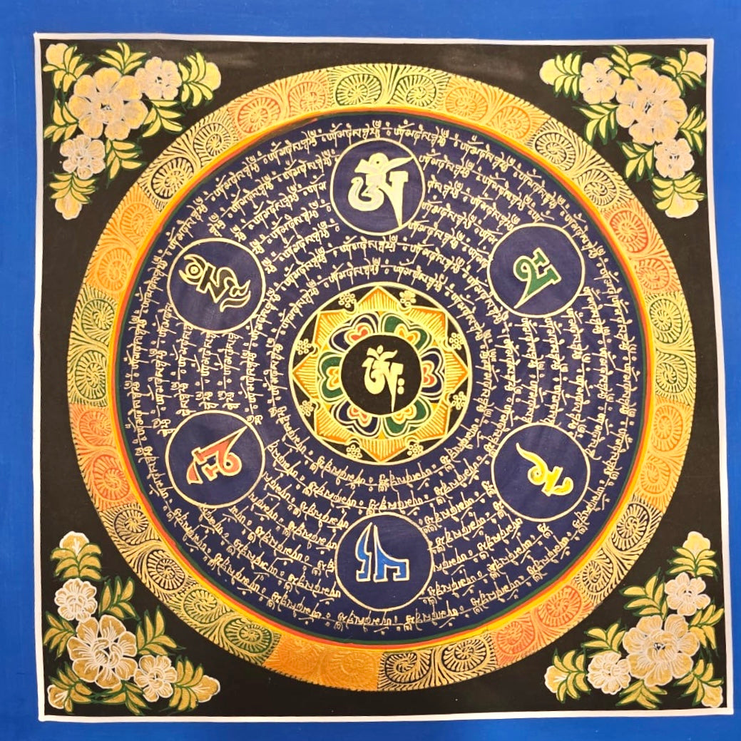 龍紋邊框六字大明咒曼陀羅唐卡 | Dragon Border Om Mani Mandala Thangka