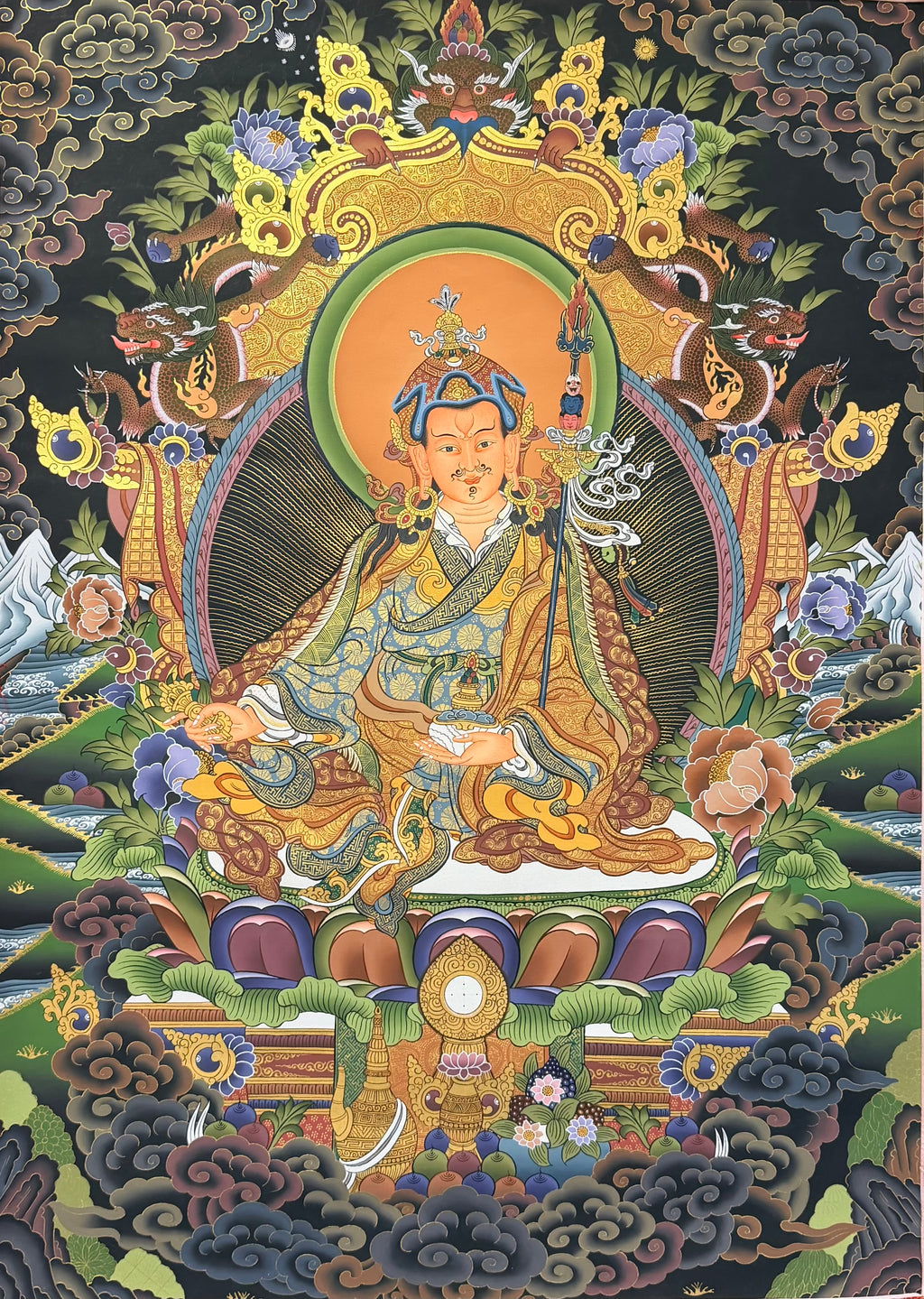 蓮花生大師24k金唐卡（夜晚背景） | Guru Rinpoche 24k Gold Thangka (Night Background)