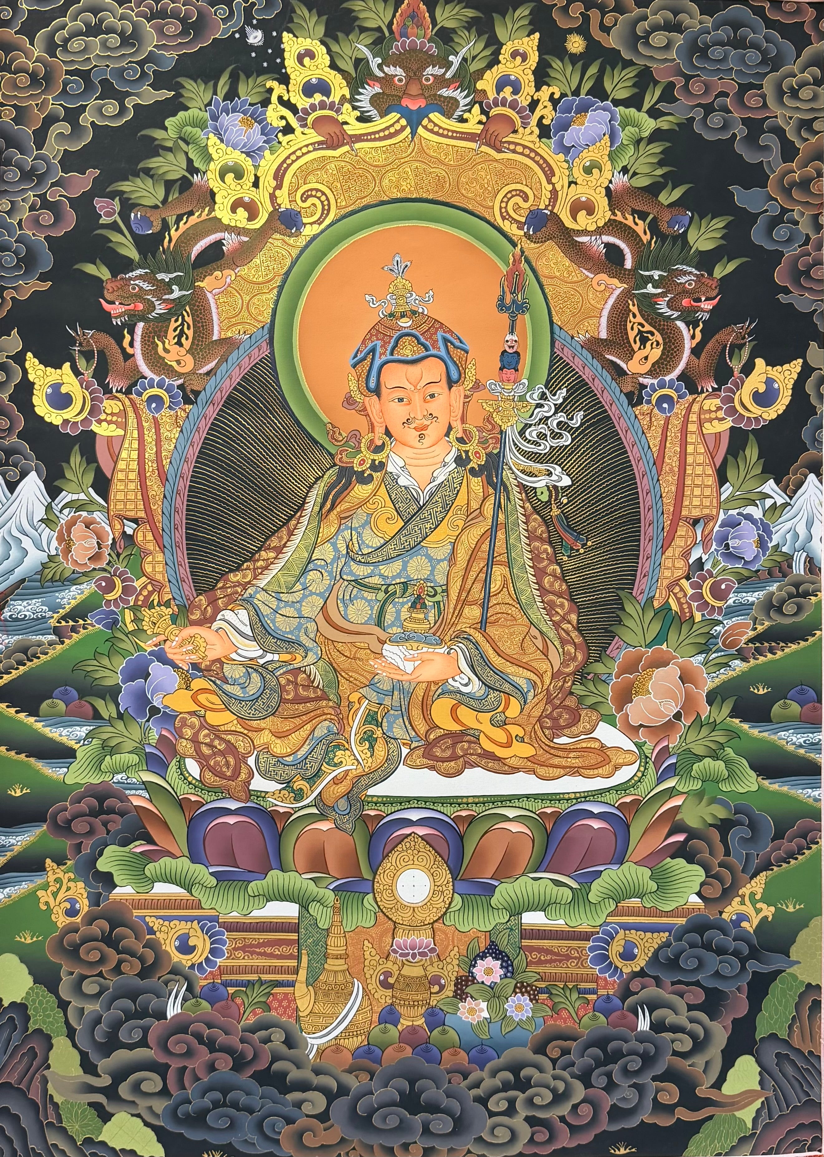 蓮花生大師24k金唐卡（夜晚背景） | Guru Rinpoche 24k Gold Thangka (Night Background)