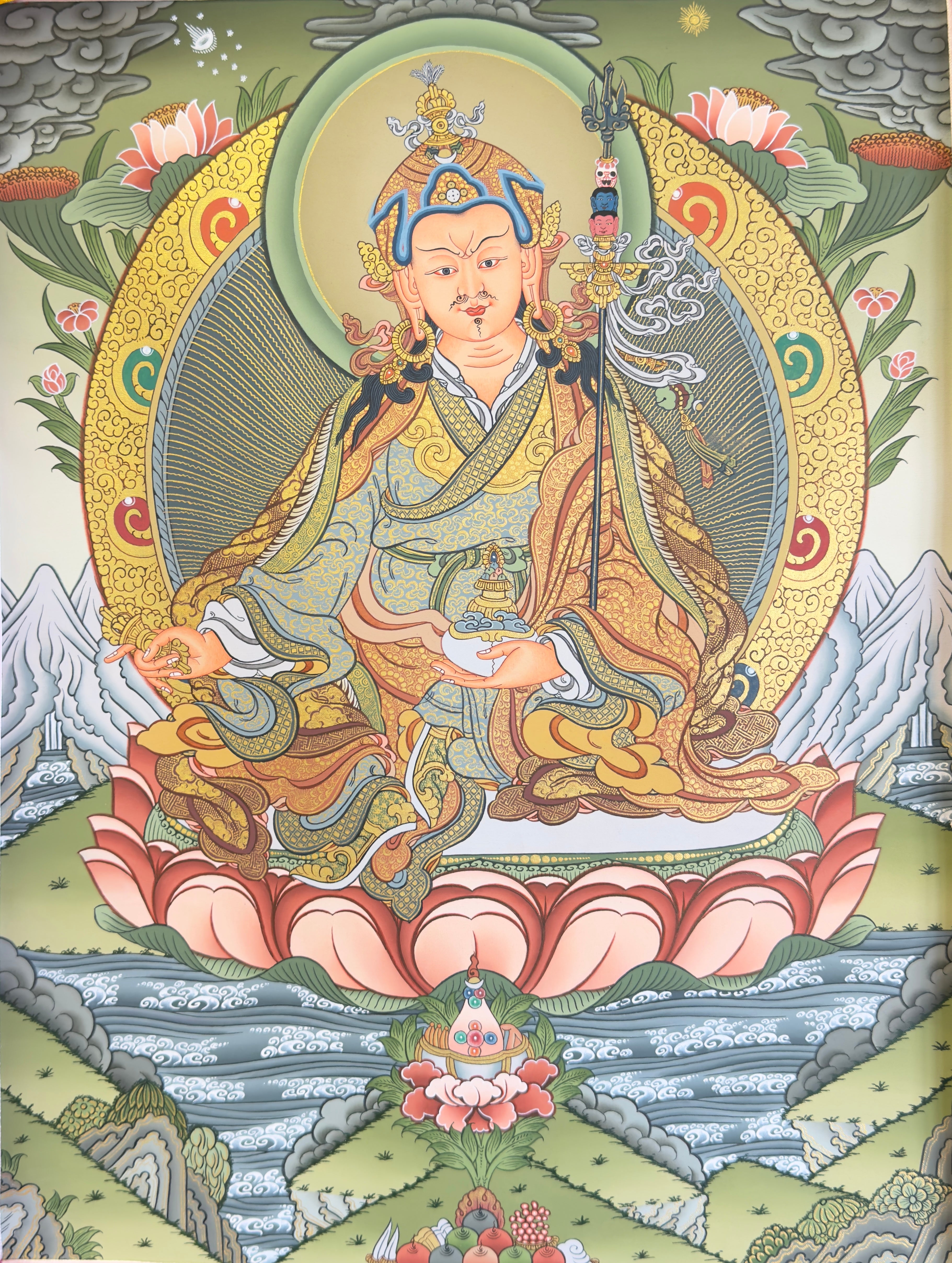 蓮花生大士24k金唐卡（白天背景） | Guru Rinpoche 24k Gold Thangka (Day Background)