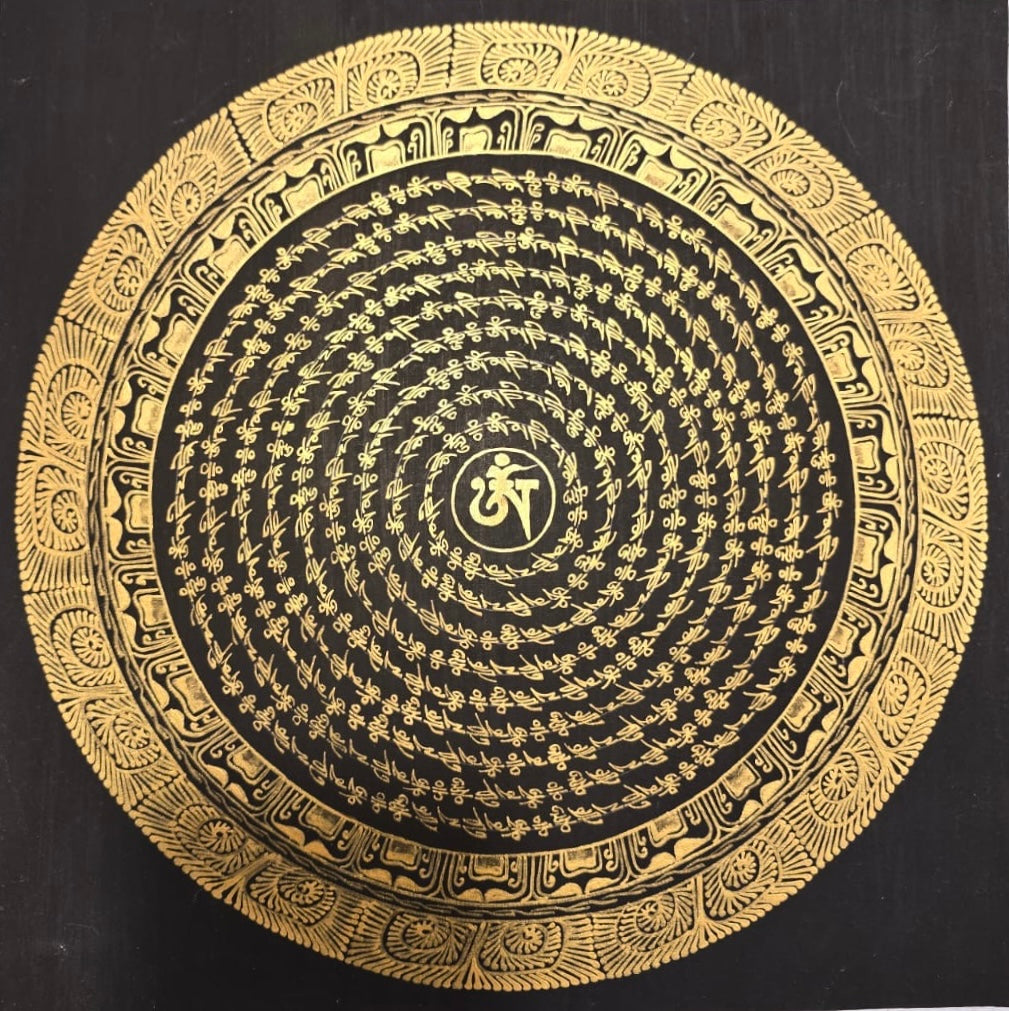 黑底純金Om字曼陀羅唐卡 Black Pure Gold Om Mandala Thangka