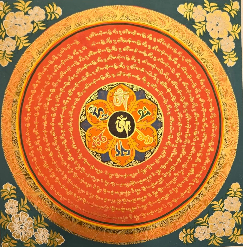 藍底OM字方形曼陀羅唐卡 | Blue Square OM Mandala Thangka