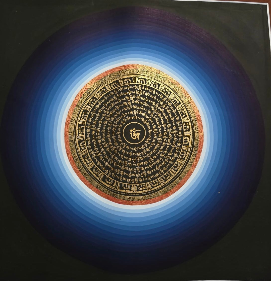黑底藍光暈Om字曼陀羅唐卡 Black Blue Aura Om Mandala Thangka
